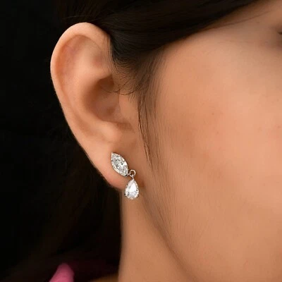 3.44 Ct Real SI/H Pear Marquise Diamond Dangle Drop Fine Earrings 14k White Gold - Image 1 of 4