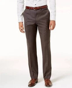 $222 Calvin Klein Men Wool Trousers Brown Texture Flat Front Dress Pants 34w 31l - Picture 1 of 6