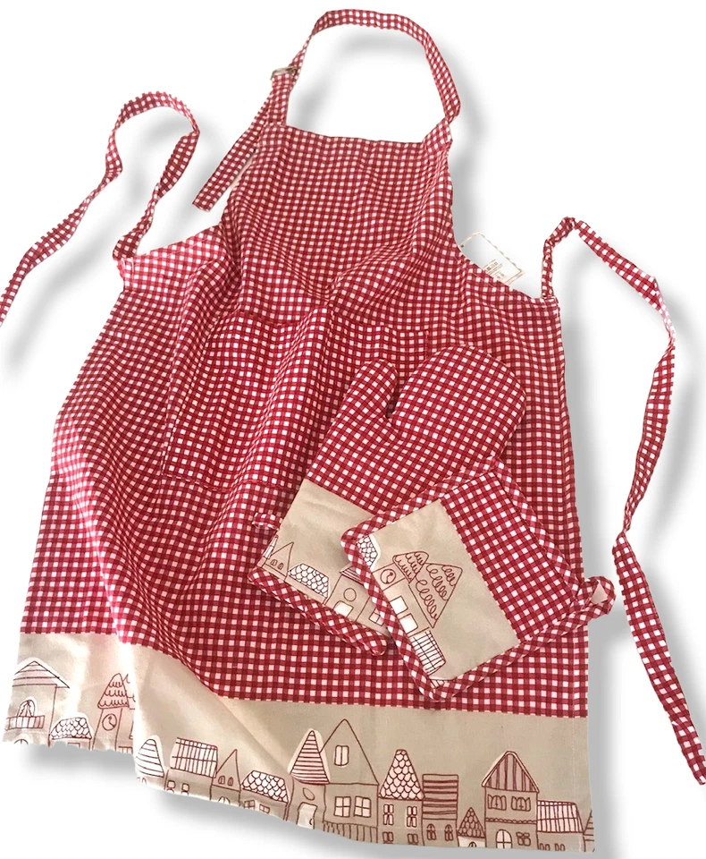 Set Grembiule Con Pettorina Guanto e Presina Casette Rosso Natale 100%Cotone - Immagine 1 di 1