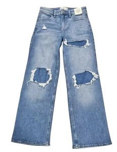 New Abercrombie Kids Girl Medium Wash Distressed High Rise Wide Leg Jean 13 14 - Picture 1 of 4