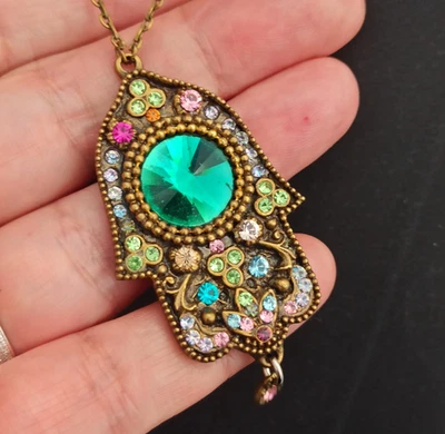 Michal Negrin Necklace Large Hamsa Colorful Crystals Green Rivoli Hand of Fatima - Image 1 of 4