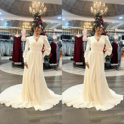 Шифон свадебные платья с длинными рукавами V шеи Sweep поезд линия свадебные платья - Изображение 1 из 4