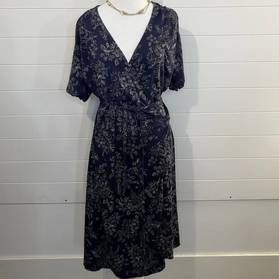 Vestido midi J.Jill azul marino púrpura negro envolvente floral manga corta grande femenino Foto 1 de 4