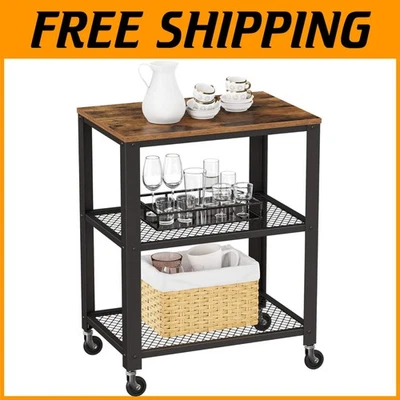 Carro de cocina BRYCE de 3 niveles con ruedas, marrón rústico/negro Foto 1 de 4