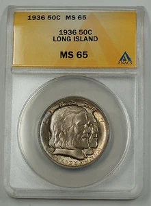 1936 Long Island Silver Half Dollar Commemorative Coin ANACS MS 65 Gem Unc Toned - Picture 1 of 2