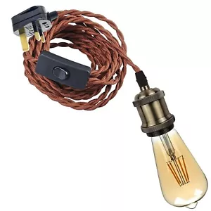 Plugin Pendant Light Inline Switch 5m 2Core Twist Brown Cable E27 Holder UK Plug - Picture 1 of 10