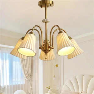 French Ceramic 5 Heads Chandelier Retro Cream Style Deco Hanging Ceiling Light - Picture 1 of 15
