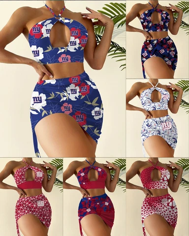 New York Giants Womens 2Pcs Cutout Swimsuit Halter Bikini Set W/Cover Up Skirt Cover
