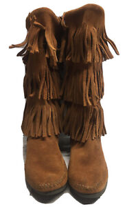 Minnetonka Suede Leather Moccasin  Knee Boots Women 6 Fringe Zips Indian Costume