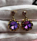 Vintage Austrian Gold Tone Faceted Blue Purple Rivoli Crystal Dangle Earrings