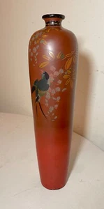 BIG antique 19th century Japanese Meiji red totai cloisonné porcelain bird vase - Picture 1 of 17