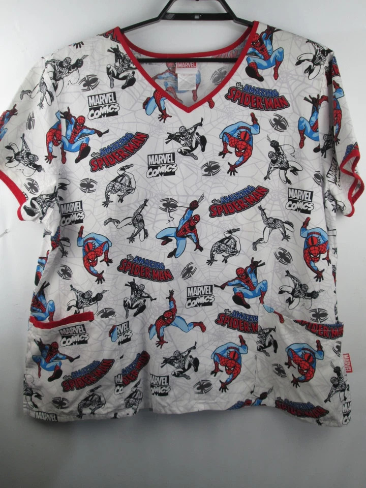 Marvel Spiderman Scrub Top 3 Pocket Medical Vet White Short Sleeve Sz 2XL - Imagem 1 de 4
