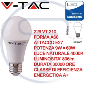 V-TAC PRO VT-210 229 Lampadina LED Samsung E27 9W A+ A60 Bianco Naturale 4000K - Imagen 1 de 4