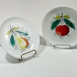 White Milk Glass Painted Fruit Decorative Beaded Plates 7 in PEAR APPLE - Picture 1 of 7