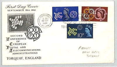 GB QEII ILLUSTRATED 1961 FDC *European Postal Conf* CEPT Slogan Torquay XE192 - Image 1 of 4