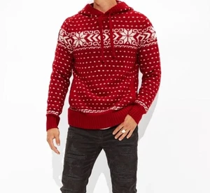 American Eagle Sweater Mens M Red Fairisle Nordic Knit Hoodie Ski Y2K NWT $60 - Picture 1 of 10