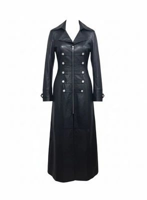 Women’s Long Black Leather Trench Coat Gothic Steampunk Double Breasted Jacket - Image 1 of 3