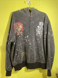 Felpa con cappuccio e zip intera ricamata ED Hardy vintage taglia XL - Foto 1 di 8