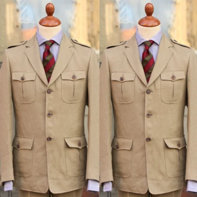 Caqui Retro Hombres Trajes Safari Chaqueta Multi Bolsillo Exterior Caza Abrigo Dos Piezas Foto 1 de 4