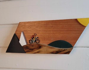 Retro vintage cyclist riding through mountains & hills mounted on wooden plaque - Picture 1 of 6