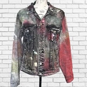 Embellish denim jacket with a vibrant paint-splatter design. Size medium.  - Picture 1 of 7