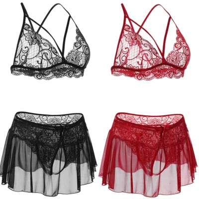 Sexy Lingerie Women's Sheer Lace Sleepwear Bra Skirt Panty 3 Piece Set Nightwear - Изображение 1 из 4