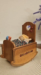 Vintage Schmid Music Box Cradle 122 Brahms Lullaby Japan Baby in Wooden Bassinet - Picture 1 of 8
