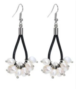 White Natural Pearl Hook Black Leather Statement Tassel Dangle Hoop Earrings - Picture 1 of 1