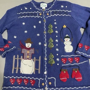Vintage Christmas Sweater Women’s L Snowman Cardigan Knit Embellished Winter 90s - Picture 1 of 20