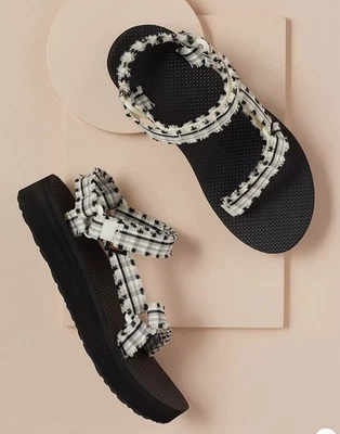 Sandalias Teva Midform Fray Negro Blanco Gingham Seersucker Boho Foto 1 de 4