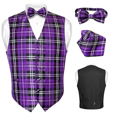 Chaleco de vestir de diseño a cuadros para hombre corbata morada negro blanco conjunto de pañuelos M Foto 1 de 3