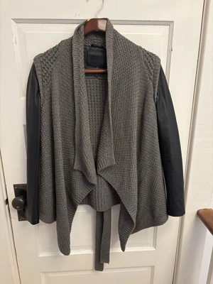 Line этикетка роскошь трикотажа подпоясанный коренастый серый кардиган кожаные рукава маленький - Изображение 1 из 4