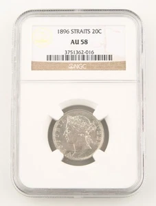 1896 Straits Settlements 20 Cents Silver Coin AU-58 NGC 20c Malaysia Cent KM-12 - Picture 1 of 4