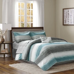 BEAUTIFUL ULTRA SOFT MODERN CHIC BLUE TEAL AQUA GREY COMFORTER SET & SHEETS - Picture 1 of 3