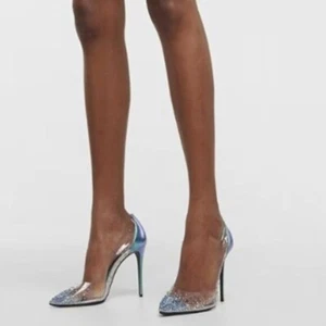 FSJ Women Studded Pointed Toe Transparent Pumps High Heels Shoes Blue - Picture 1 of 7
