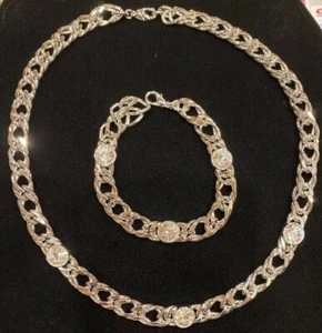 Kenneth Jay Lane KJL Curb Link 18" Necklace 8" Bracelet 3 Stones Silver Tone Set - Picture 1 of 6