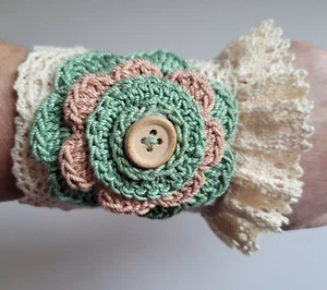 Crochet Cuff Bracelet Handmade Boho wrist cuff with Flower/ Lace Beige Green - Picture 1 of 7