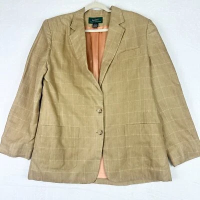 Lauren Ralph Lauren Vintage Women's Linen Plaid Blazer Size 16 Tan Windowpane - Image 1 of 4