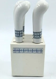 Set of 6 Ceramic Vintage Canape Butter Knives, Blue & White w/Woodblock - Picture 1 of 8