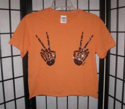NWT VICTORIA'S SECRET PINK HALLOWEEN SKELETON PEACE SIGN HANDS BLING T SHIRT TOP - Image 1 of 4