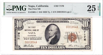 $10 1929 T1 National 🇺🇸 NAPA California CA 🇺🇸 PMG Grade 25 EPQ 🇺🇸 - Image 1 of 2