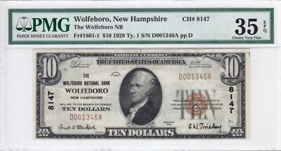 1929 Wolfeboro National Bank $10 Note New Hampshire NH PMG VF35 EPQ CH#8147 - Image 1 of 2