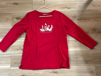 JEANNE BICE Quacker Factory CHRISTMAS GOOSE GEESE sweater shirt LARGE Women - Image 1 of 4
