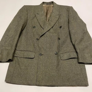 Tweed Jacket Mens 42L Green Blazer Alpaca Wool Herringbone Double Breasted - Picture 1 of 13