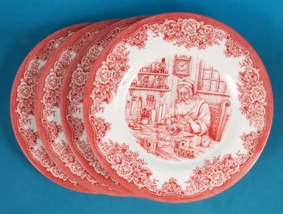 Juego de 4 platos de ensalada Royal Stafford Red Santa's Christmas Toy Workshop 8 1/2" Foto 1 de 4