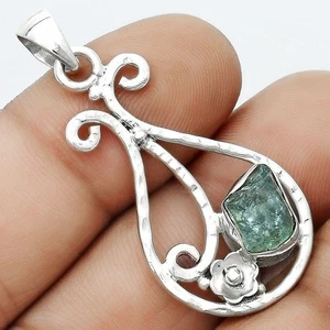 Natural Aqua Apatite Rough Madagascar 925 Sterling Silver Pendant Jewelry P-1714 - Picture 1 of 5