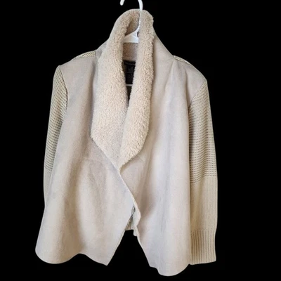 ​Chelsea & Theodore XL Faux Suede Faux Fur Trim Knit Cardigan Sweater Oyster - Image 1 of 4
