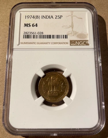 1974 B India 25 Paise NGC MS 64 - Only 1 In Higher Grade! Copper-Nickel! Cover