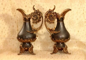 EXCEPTIONAL PAIR 19thC FRENCH RENAISSANCE ORMOLU MOUNTED PATINATED BRONZE EWERS - Picture 1 of 24