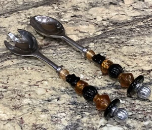 2PC SOUTHCOAST STAINLESS SALAD SERVERS FORK N SPOON ACRYLIC BEADED W BOX UNUSED - Picture 1 of 9